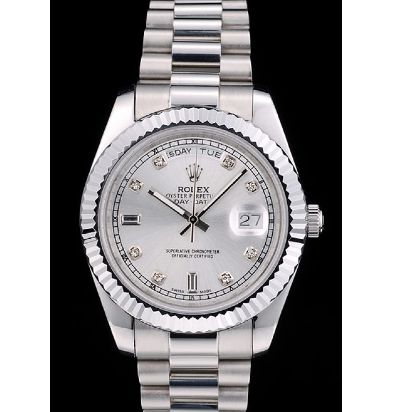 Best AAA Replica Sites Ribbed Rolex Silver DayDate Steel Dial Bezel 41976 Stainless 0706